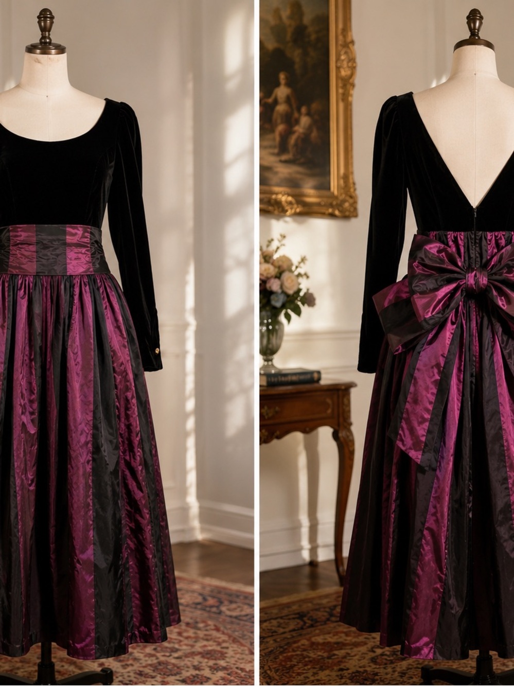 Vintage Laura Ashley 80s Velvet Taffeta Bow Dress UK 12 Made in Great Britain